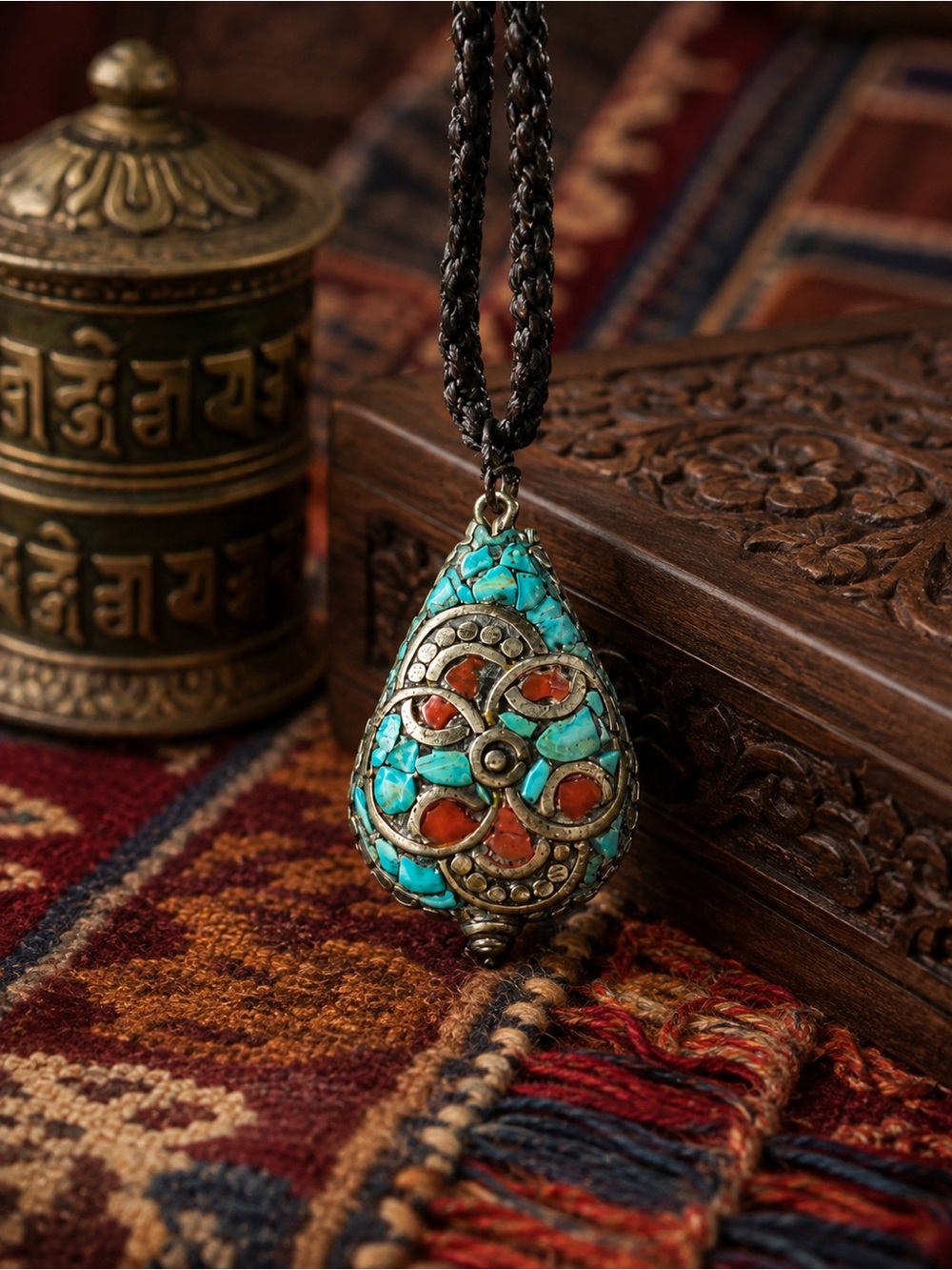 Vintage Turquoise Coral Mosaic Teardrop Pendant Necklace • Tibetan Unique Style